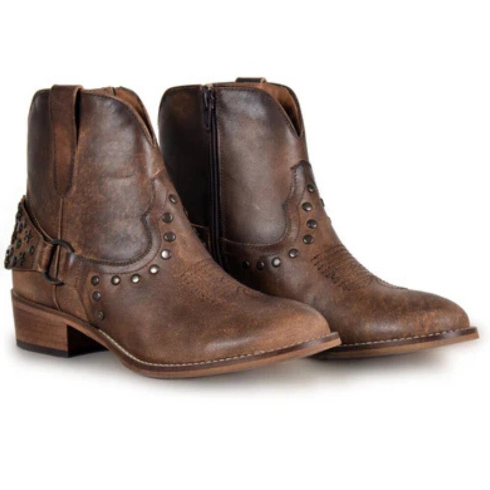 MYRA BAG Calido Cannes Distressed Leather Brown‎ Short Harness Bootie 6-11 NWT